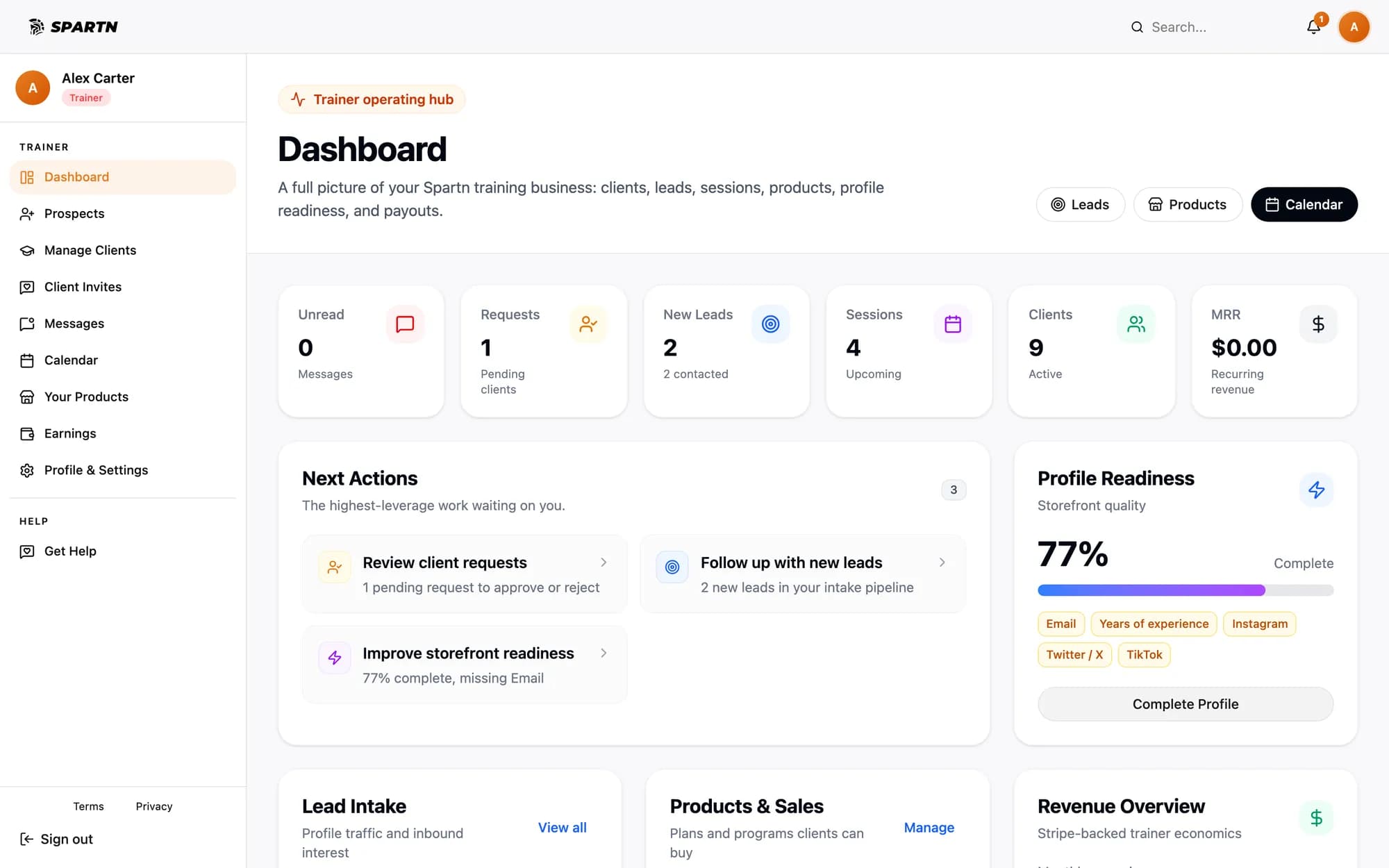Spartn trainer dashboard — clients, programs, schedule, and payouts