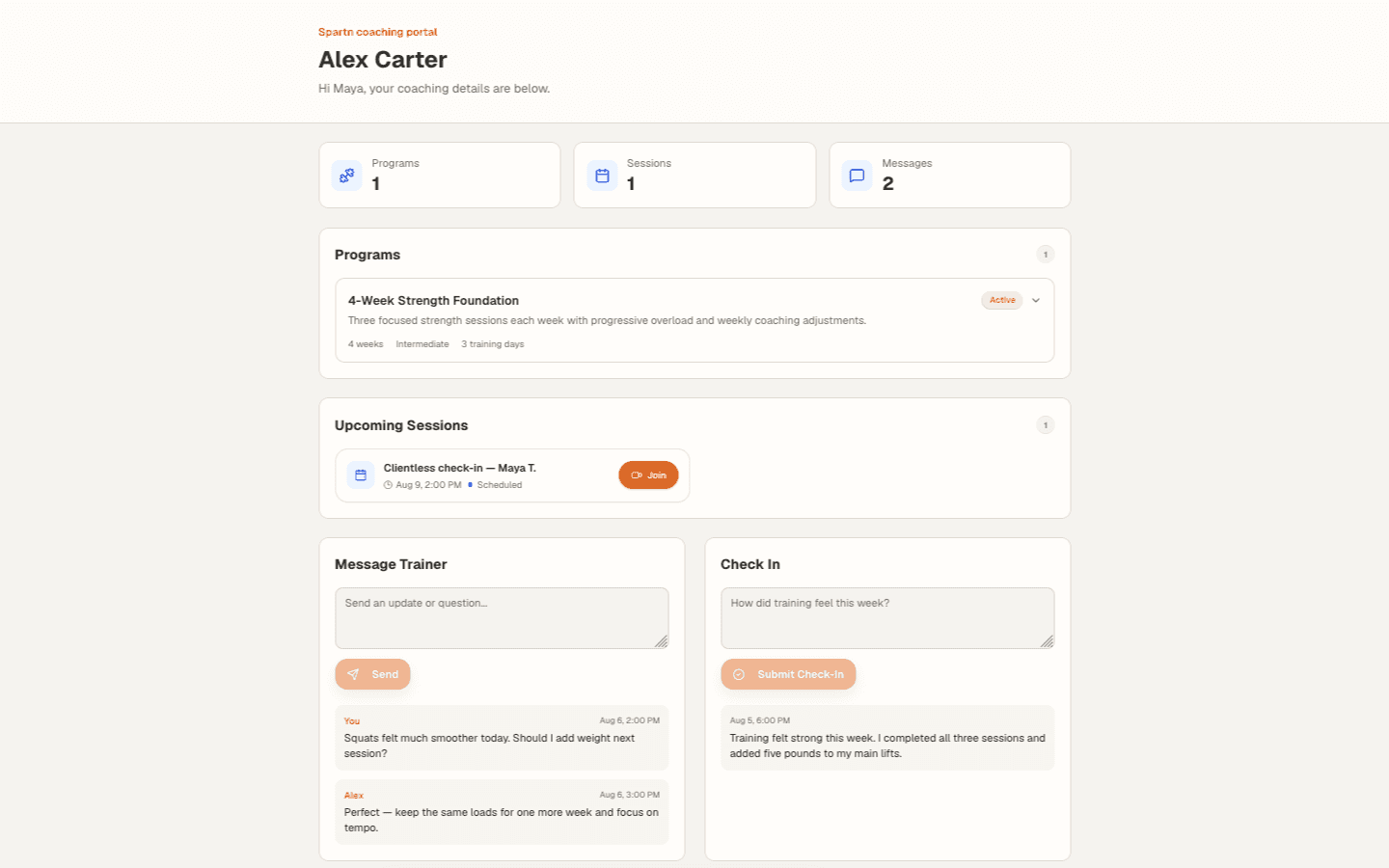 Spartn Clientless coaching portal with programs, sessions, messages, and check-ins