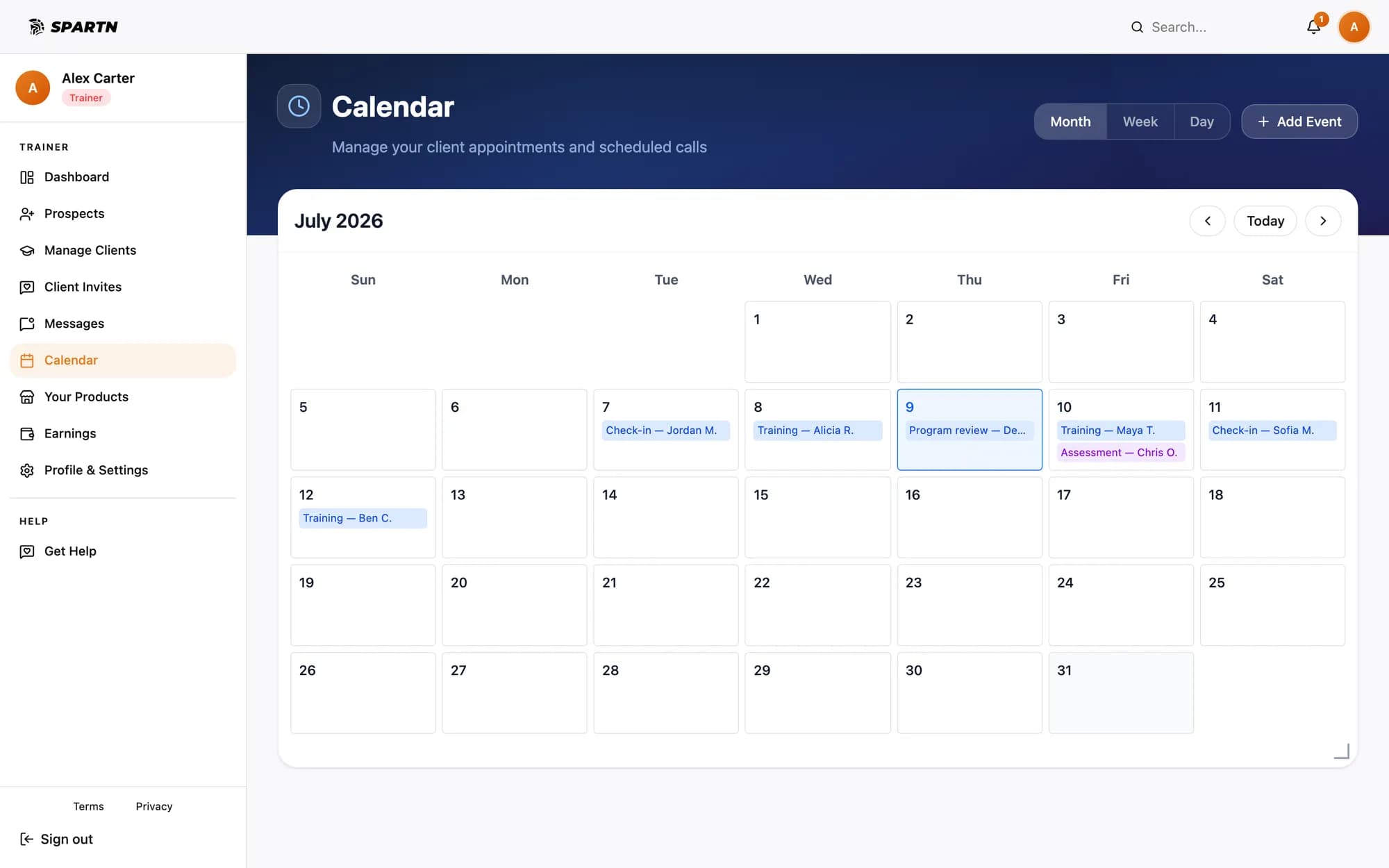 Spartn trainer calendar page
