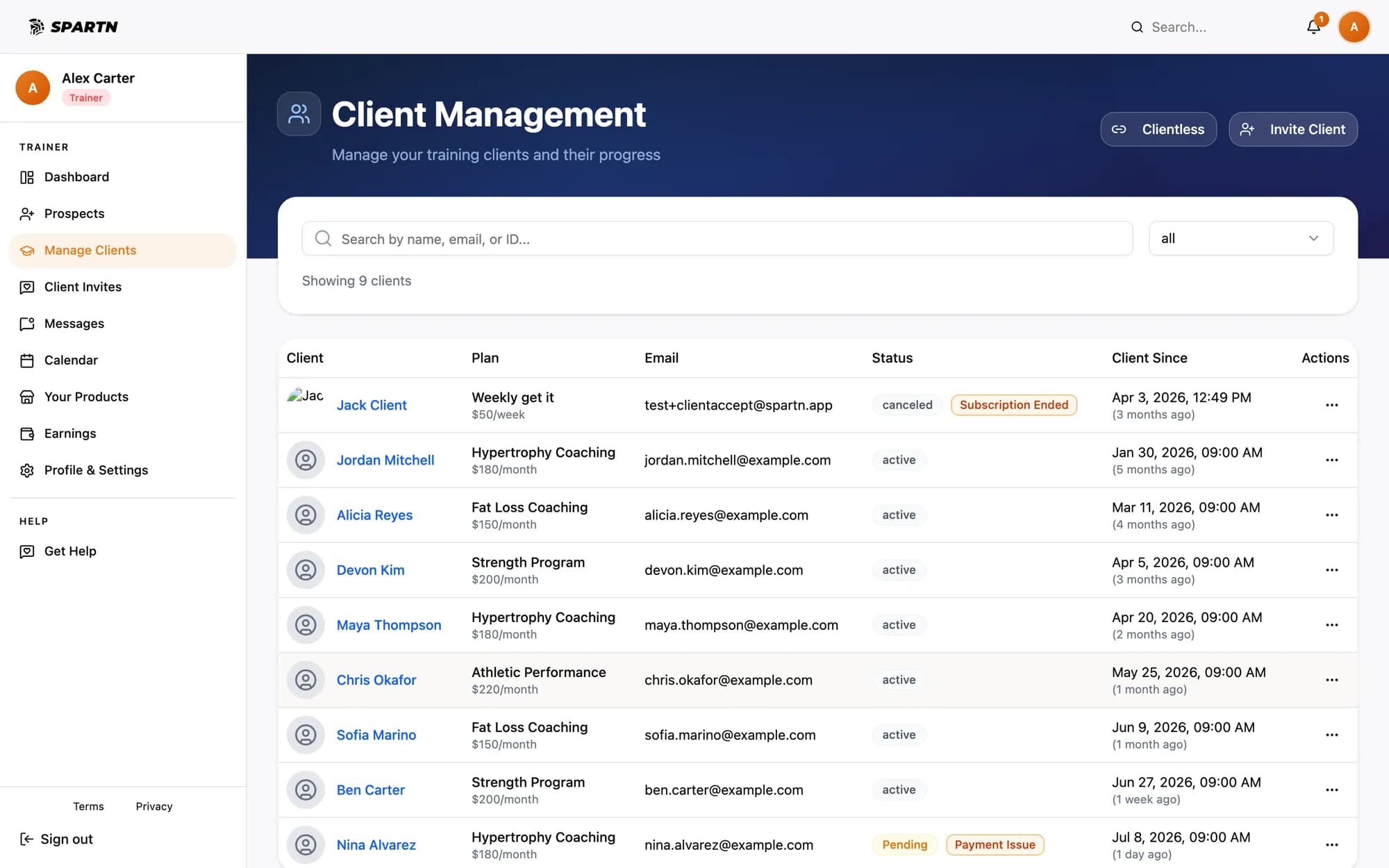 Spartn trainer dashboard — client management