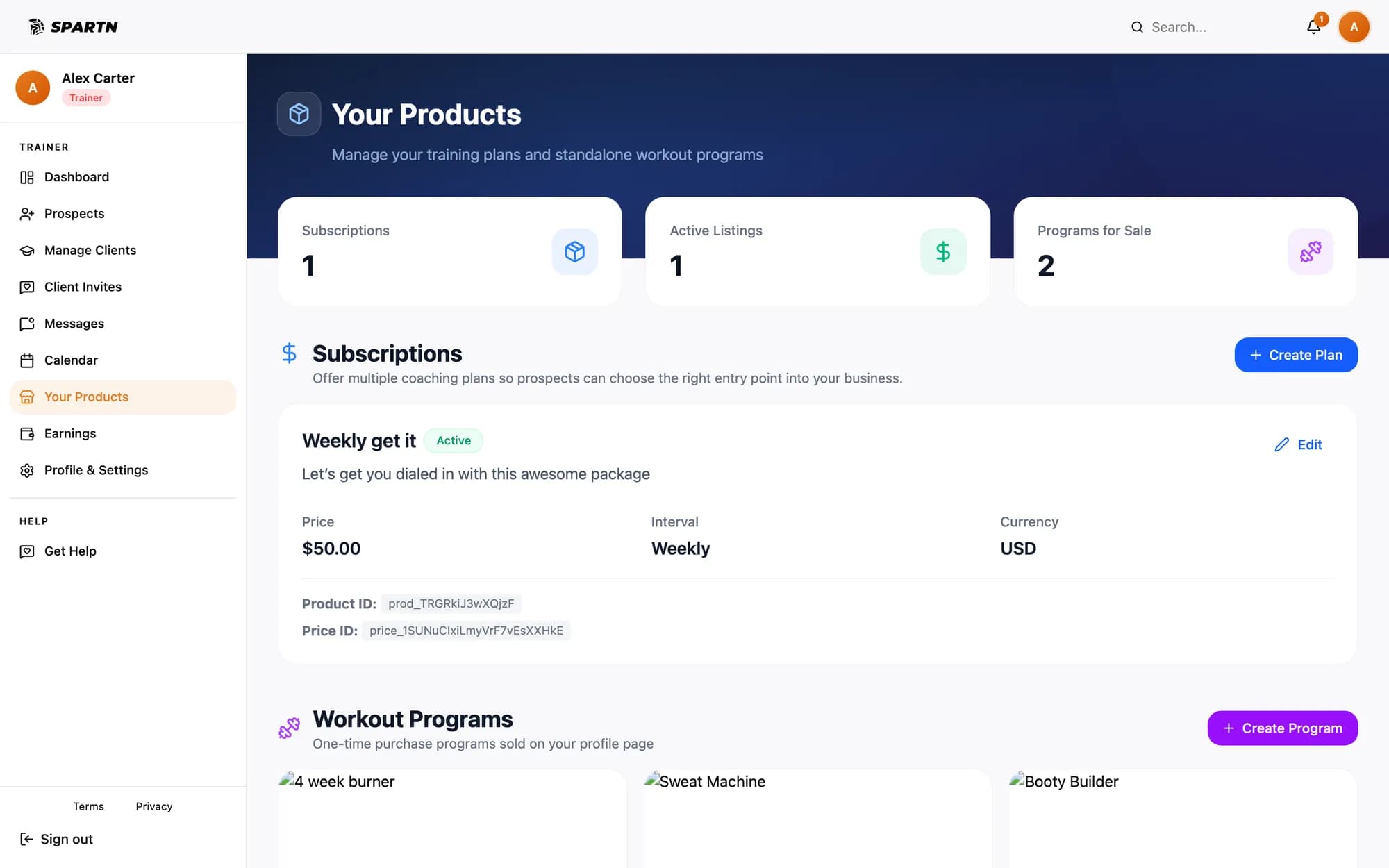 Spartn trainer dashboard — coaching plans and programs for sale