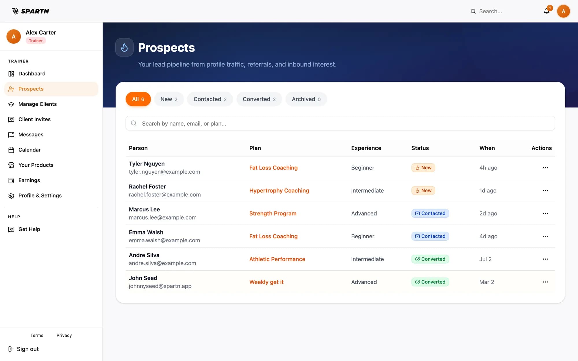 Spartn trainer dashboard — prospect pipeline