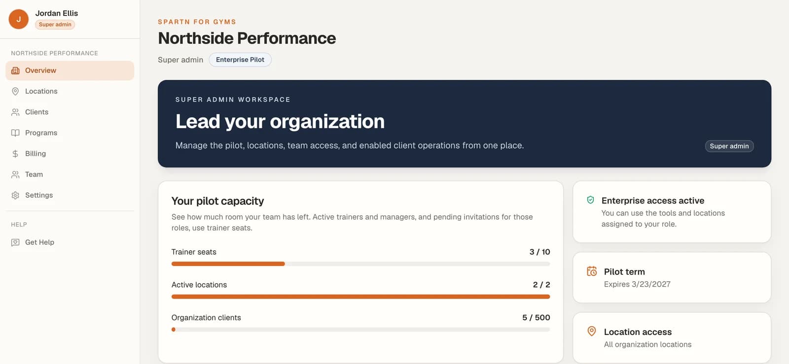 Spartn for Gyms super admin overview showing trainer seats, active locations and organization clients for a demo organization