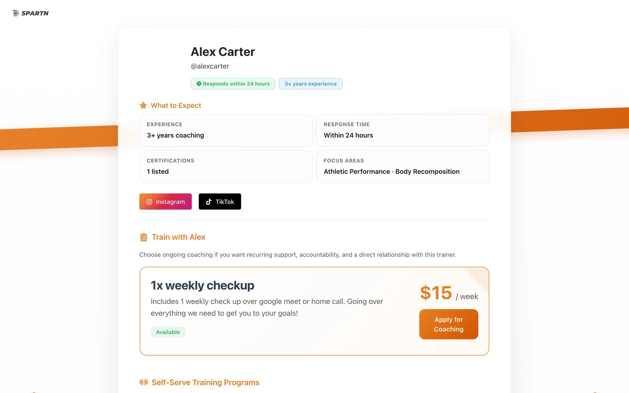 A public Spartn trainer profile page with plans and intake